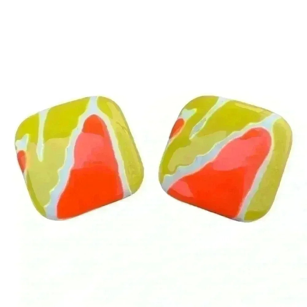 Vintage neon orange & yellow enamel abstract square earrings